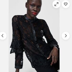 Zara Basic Lace Button Up Top Long Sleeves Size XS Black Whimsigoth Dark Fairy